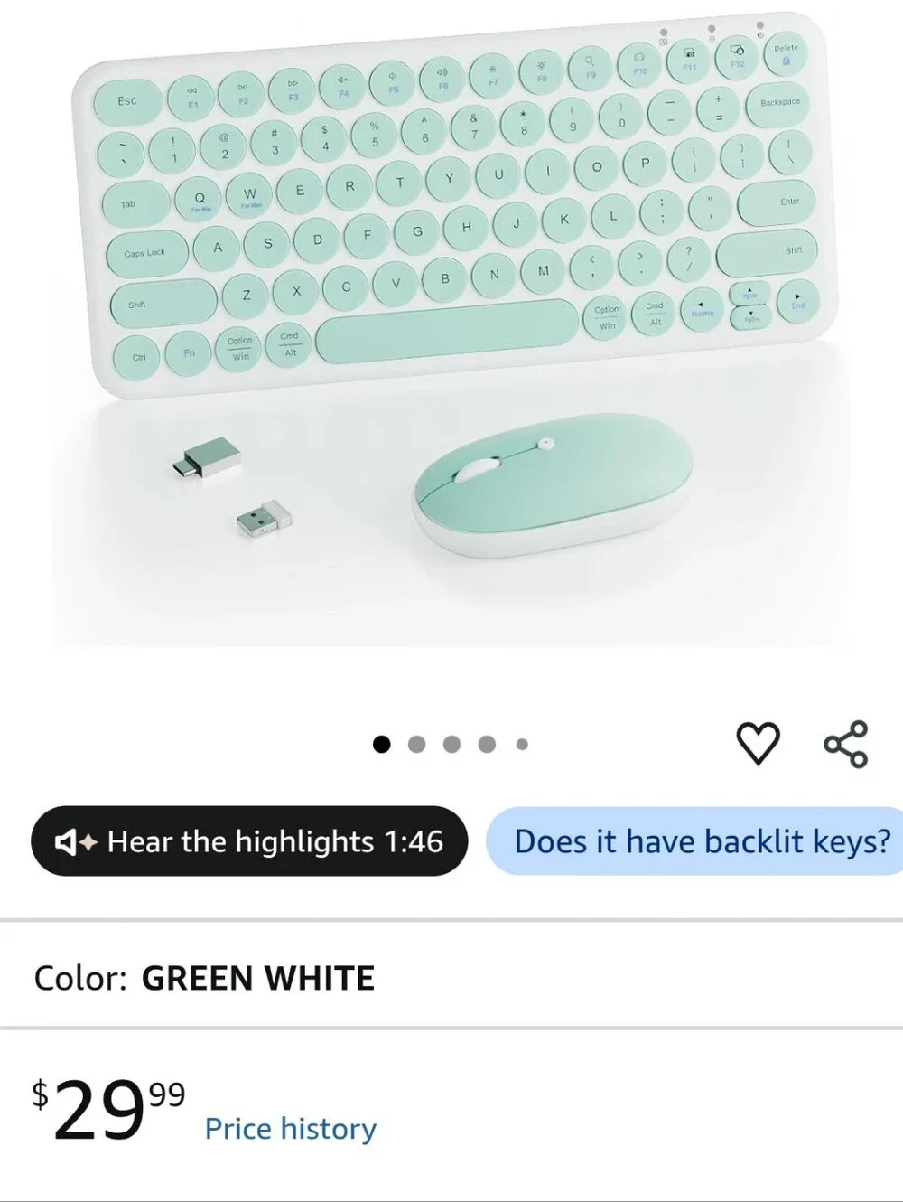 Wireless Keyboard Mouse Combo, mini Quiet Keyboard (Green White)